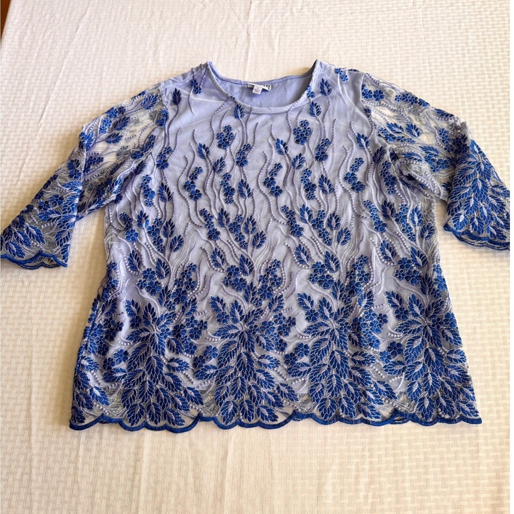 Blair Blue‎ Floral Embroidered Mesh Top 3/4 Sleeve Scalloped Hem XL B15498-0043